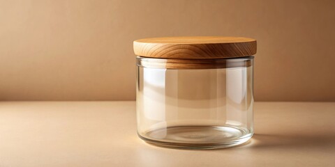A simple, elegant glass jar with a natural wood lid, perfect for storing various items in a minimalist setting.