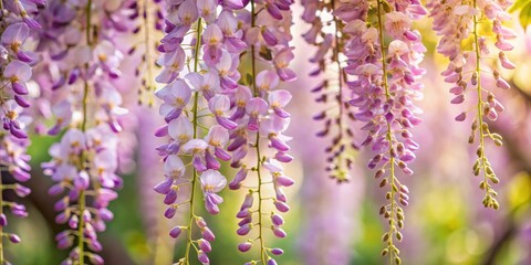 Delicate cascading wisteria blossoms bathed in soft sunlight, a vibrant display of nature's artistry, showcasing the graceful beauty of hanging floral clusters.