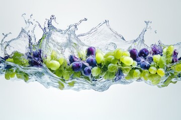 Green and Purple Grapes Splashing into Water