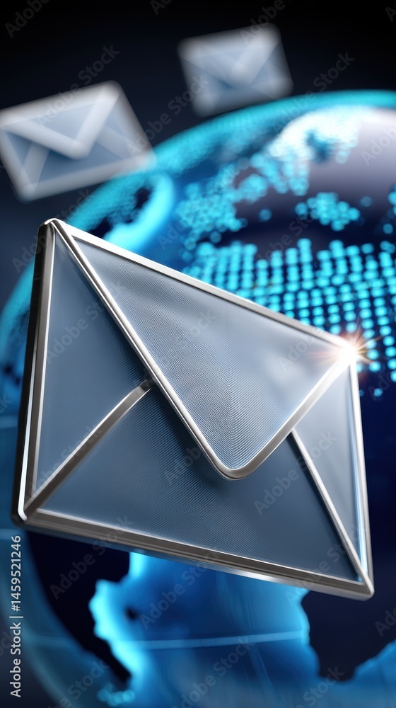 Poster global communication network with digital world globe and multiple envelopes