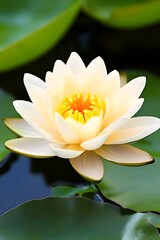 A pristine, pale yellow water lily floats serenely on dark water, surrounded by vibrant green lily pads