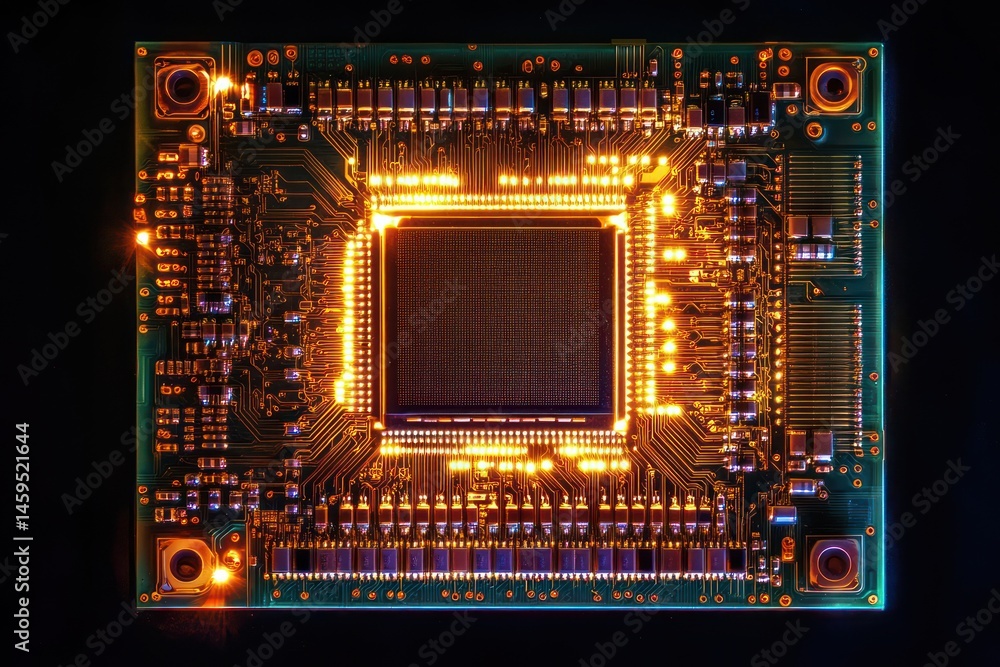 Poster futuristic glowing microchip with circuit design