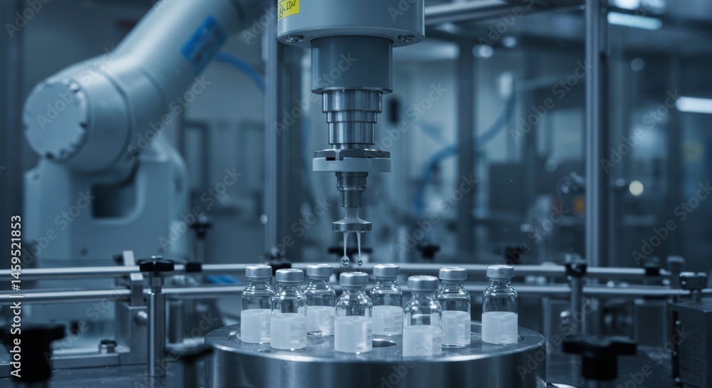 Poster automated pharmaceutical production line with robotic arm handling vials in a controlled environment