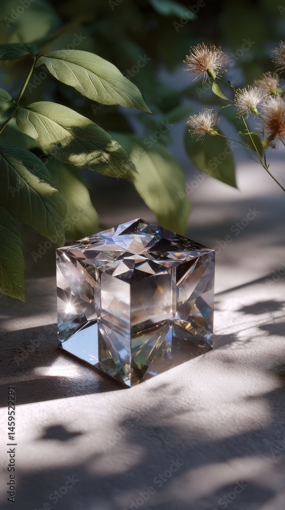 Poster crystal cube refracting light with green foliage, creating shadows and highlights on a neutral stone