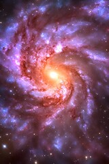 Fototapeta premium A vibrant spiral galaxy, swirling with hues of pink, purple, and orange, radiating from a bright core. Stars and cosmic dust create a mesmerizing celestial scene