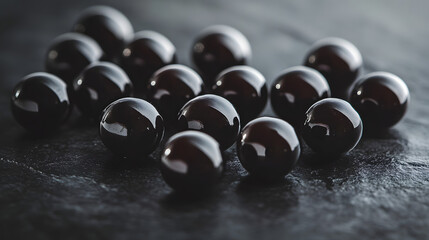 Deep black Tasmanian pepper berries loosely scattered on a smooth matte background, their glossy finish highlighted.