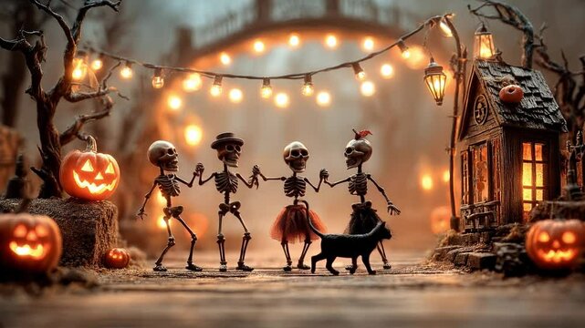 A playful Halloween night scene with dancing skeletons in costumes, a curious black cat, glowing jack-o&rsquo;-lanterns, string lights, and a spooky wooden house, creating a festive and eerie atmosphere.