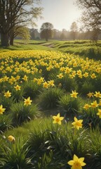 Obraz premium Sunlit daffodil field, vibrant yellow blooms, lush green grass, joyful, flower field, wildflower
