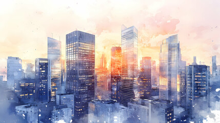 Fototapeta premium Sunset over a City Skyline with Soft Pastel Colors and Buildings