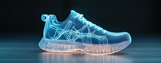 Conceptual 3D printed sneaker manufactured with flexible thermoplastics, Futuristic glowing sneaker design isolated