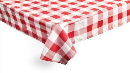 Red and white checkered tablecloth.  A corner view of a rectangular tablecloth with large red and white squares
