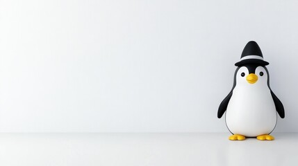 Obraz premium Adorable cartoon penguin in top hat minimalist white background