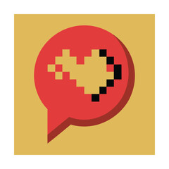 Pixelated heart symbol inside a chat bubble on a muted yellow background ideal for digital love