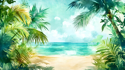 Serene Tropical Beach with Lush Green Palm Trees and Calm Waters