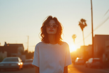 Young stylish woman wearing sunglasses at sunset in a suburban street