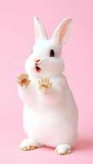 Adorable white bunny rabbit sitting, paws up, against a pink background