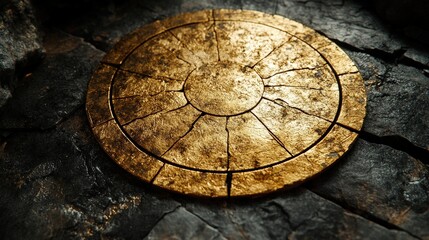 Ancient golden sun disc rests upon dark rock