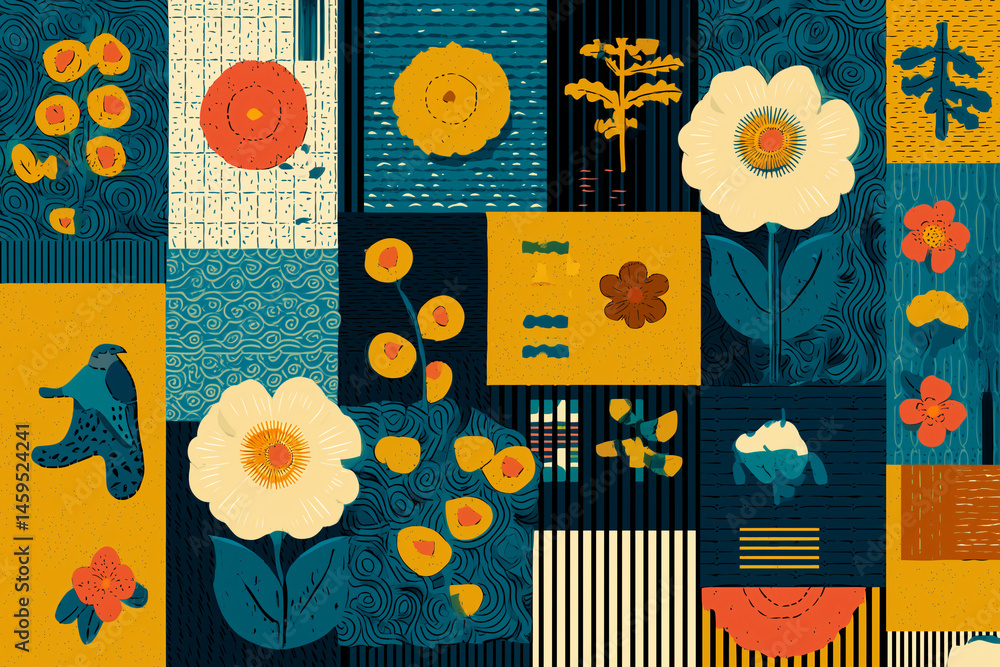 Poster colorful floral patterns in a grid-like composition that are arranged in a decorative array