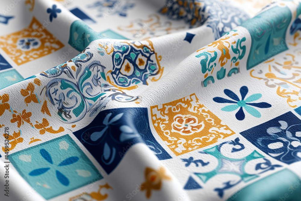 Poster close-up shot of folded patterned fabric with detailed intricate designs and vibrant colors. the fab