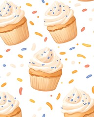 Delightful cupcakes with creamy frosting and colorful sprinkles on a white background, forming a cheerful and repetitive pattern