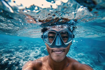 Naklejka premium Happy samoan young diver diving underwater recreation swimming.