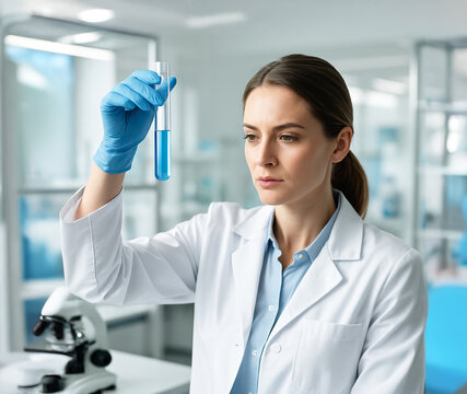 Serious female scientist in lab coat examining a test tube with blue liquid in a modern laboratory. Concept of science, research, and chemical analysi