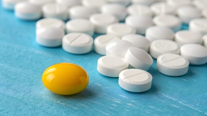 A striking close-up image featuring multiple white pills scattered around a distinctive yellow pill on a vibrant blue surface.