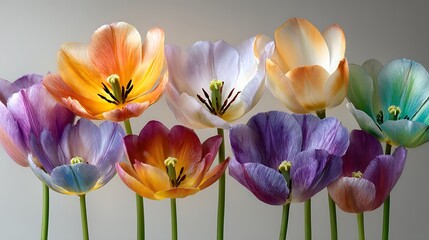 Fototapeta premium Row of vibrant, colorful, open tulip flower blossoms