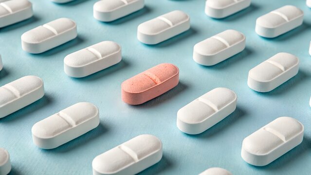 An arrangement of white pills contrasted with a single pink pill depicting medical choices and healthcare remedies