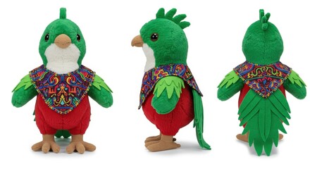 Fototapeta premium Plush quetzal toy featuring vibrant Mayan textiles from Guatemala for collectors and gifts