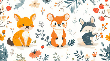 Seamless vector background featuring cartoon animals, berries, and flowers, ideal for kids' products