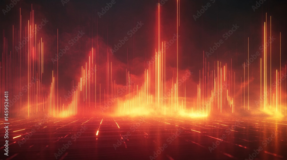 Poster crimson red and amber sound wave equalizer creating intense visual experience