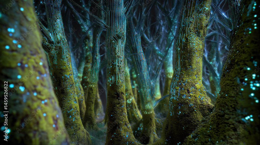 Poster cybernetic forest showcases trees with metallic bark and glowing circuits under deep shadows