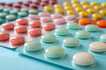 Close up view of assorted colorful tablets packaged in blister packs arranged in a pharmaceutical display on a blue surface.
