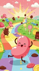 Naklejka premium A whimsical journey down a rainbow candy road, filled with joyful jellybeans and assorted sweets, a vibrant and delightful illustration.