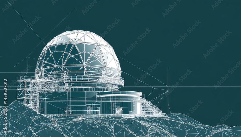 Poster abstract architectural structure rendered with a wireframe effect against a dark teal background. fe