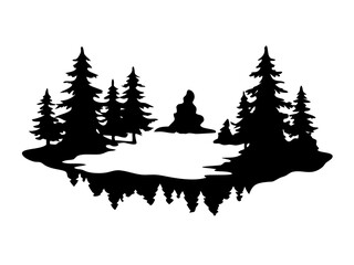 Fototapeta premium Silhouette of Frozen Lake with Pine Forest in Back, Winter Landscape Scene, Snowy Nature Art, Tranquil Forest Reflection, On Transparent Background