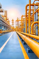 Fototapeta premium Oil refinery scene with towering structures and vibrant yellow pipelines