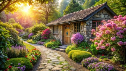 Stone Cottage Garden Path at Sunrise, a Tranquil Scene of Blossoming Flowers and Lush Greenery