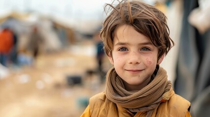 Child refugee smiles in refugee camp