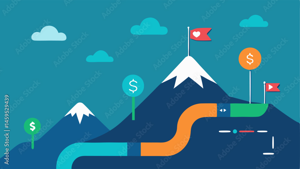 Poster financial growth path a winding path leading up a mountain with ai icons along the path indicating v