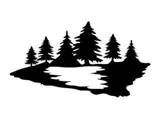 Obraz premium Silhouette of Frozen Lake with Pine Forest in Back, Winter Landscape Scene, Snowy Nature Art, Tranquil Forest Reflection, On Transparent Background