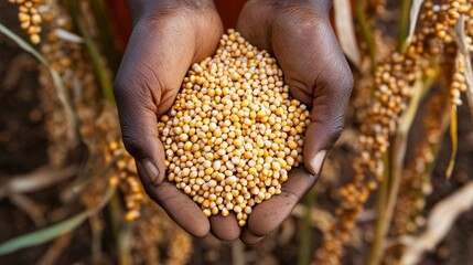Close-Up of Hands Delicately Cradling Golden Millet Grains Against Nature's Backdrop