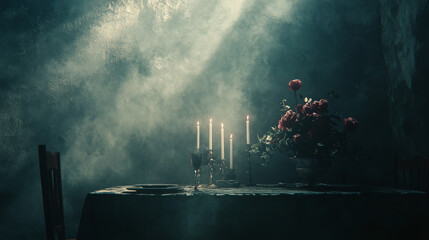 Sophisticated dining setup against a dark background, highlighting tableware and ambiance