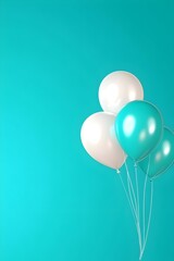 Teal and white balloons float against a vibrant teal backdrop
