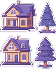 Naklejka premium Two charming houses with purple roofs and matching evergreen trees