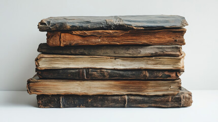 Stack of very old, worn books isolated against a plain white background