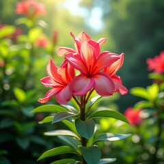 Red hibiscus flower blooming in sunlight