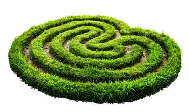 Green Spiral Maze Design Created with Fresh Cut Grass Landscape Isolate on Transparent Background, cutout, png