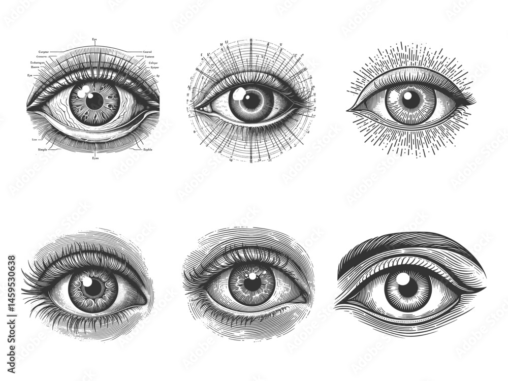 Poster anatomical eye set collection bundle sketch engraving generative ai vector illustration. scratch boa